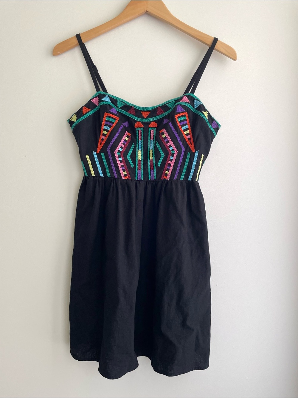 Linen Cotton Boho Tribal Embroidered Lightweight Festival Black Mini Dress